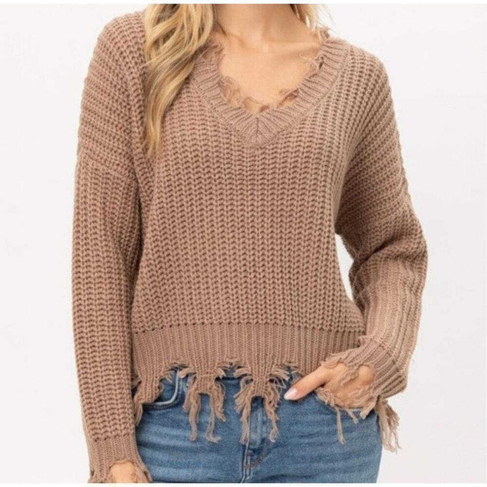 Glitzy&Girly Boutique V Neck Drop Shoulder Distressed Edge Sweater Size 1X